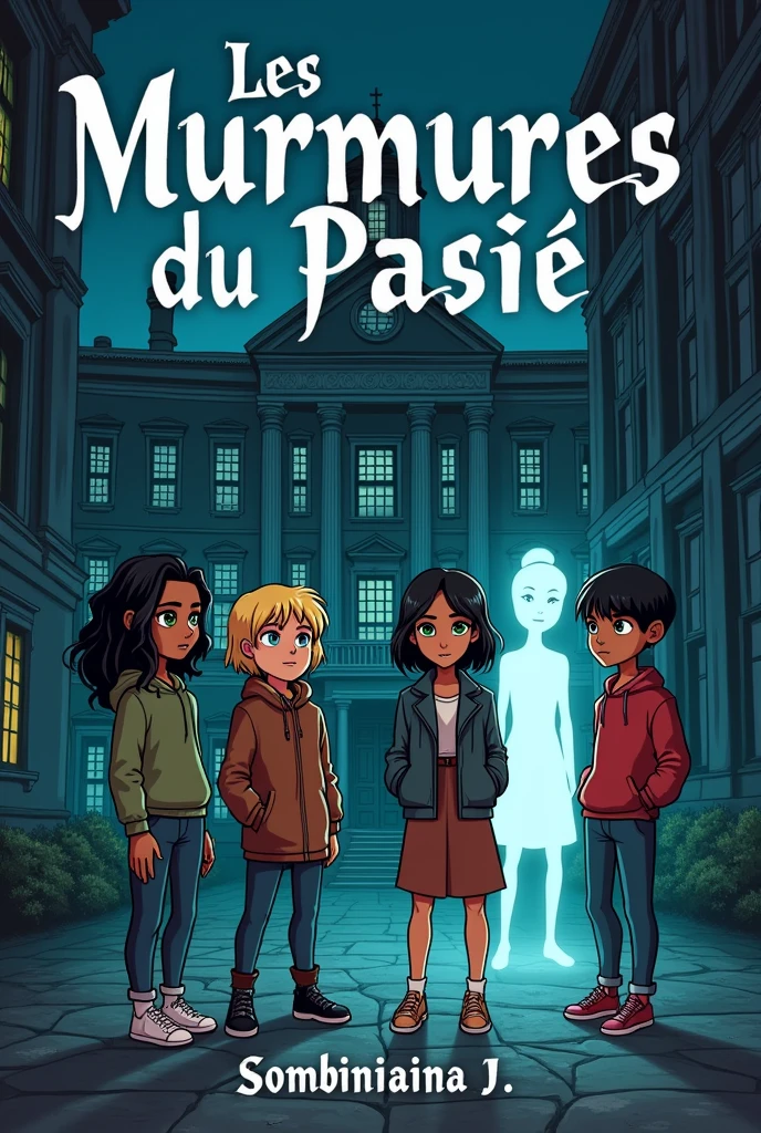 A book cover design with title: "Les Murmures du passé". The cover should feature a renaissance-style high school building in the background. In the foreground, there are five girls: the rebellious one with black hair and green tips, and green eyes; the popular one with blonde hair and blue eyes; the studious one with brown hair and brown eyes; the cool one with black hair and black eyes. The fifth girl is a Ghost, wearing chic 1990 clothing, appearing slightly translucent. They are all depicted as if investigating something mysterious. The color palette include dark, moody tones with hints of silver and blue. The title is in a gothic font at the top. With the autor's name: " Sombiniaina J." At the bottom. I want a cartoon style.