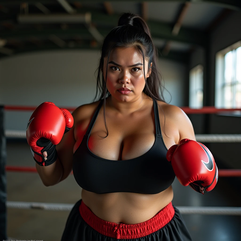 A beautiful indonesian woman, chubby, wet tied hair , sweaty skit, wear nike sportwear, natural huge breasts, sensual expression, wear boxing gloves, ready to fight pose, look at the viewer, natural light, realistic photography, wide angle shot.