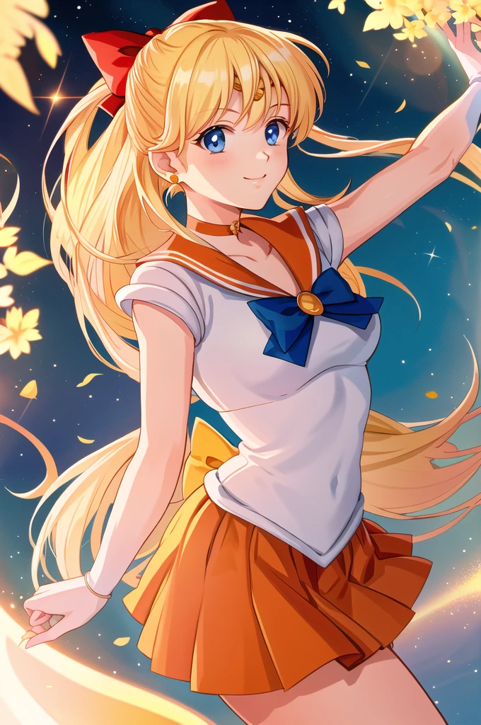 masterpiece, Highest quality, High resolution, Venus 1, One person, alone, Sailor Warrior Uniform, Sailor Venus, aino minako, Blonde, Magical girl, blue eyes, Orange Skirt, Elbow hand pockets, tiara, Pleated skirt, Hair Ribbon, Orange sailor collar, mini skirt, choker, Red Bow, orange choker, White gloves, Very long hair, jewelry, Earrings, Cowboy Shot, smile,