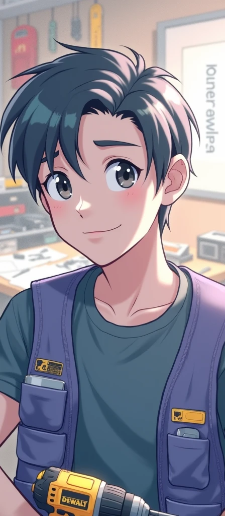 character:
Age and Appearance: Young male, About 30 years, not very muscular build, with a confident and energetic attitude, He does not have a beard.
hair: negro, short and somewhat disheveled, with strands that fall slightly over the forehead for a modern look.
CLOTHES: She is wearing a tight t-shirt, Possibly in a dark color like black or gray, and a purple sleeveless vest on top. The vest has several tool pockets and functional details..
Accessories: He holds a yellow and black Dewalt impact driver in one hand, which adds a touch of action and dynamism to the image.
bottom:
Environment: A repair or DIY workshop. The background is full of shelves with tools, melamine furniture and some machines or work benches.
Background details: Tools hanging on the wall, an open toolbox with various tools scattered around, and perhaps some blueprints or manuals on a work table to give the environment a more authentic feel, The character is dedicated to assembling melamine furniture, On the wall there is a white picture that says MUEBLES LUMEXA