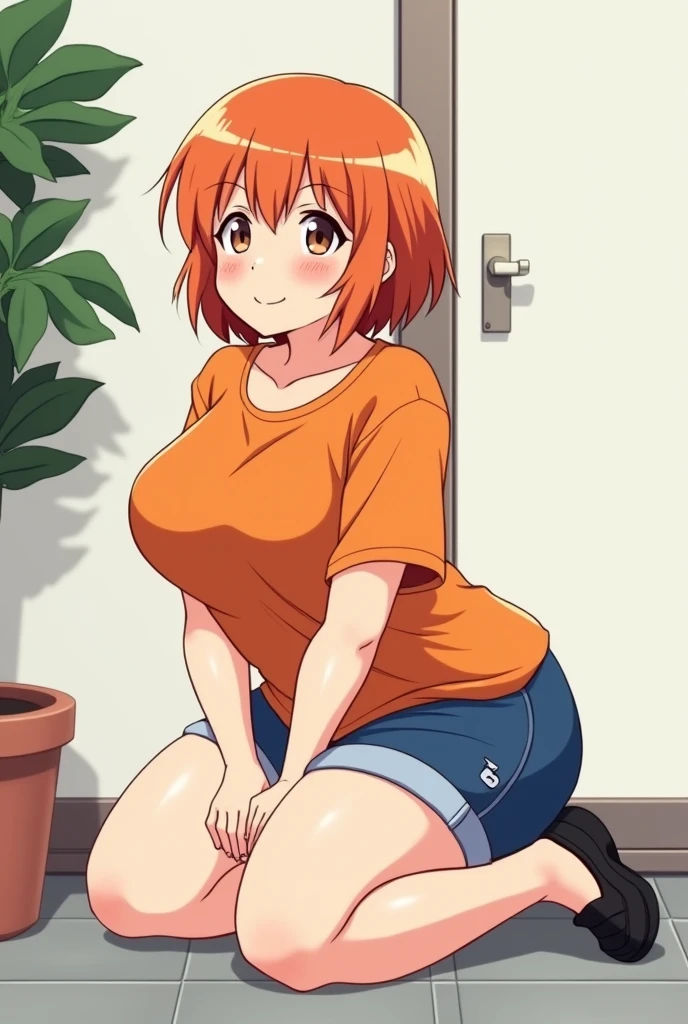 an anime girl is kneeling on knees, anime girl, cell shaded adult animation, shorts, orange hair, solo, short hair, smile, full body, 4k hd, legs visible, tall, blue shorts and an orange shirt, brown eyes, 1girl, in black Flats, 4k hd, big breasts, chubby girl, front position