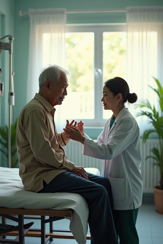 The elderly man lowered his head and covered his mouth with his hand with a very uncomfortable expression, next to a young female nurse patting the back of the old man, rich in details, half-body photos, professional videography, female nurse expression eager, old man expression is very uncomfortable