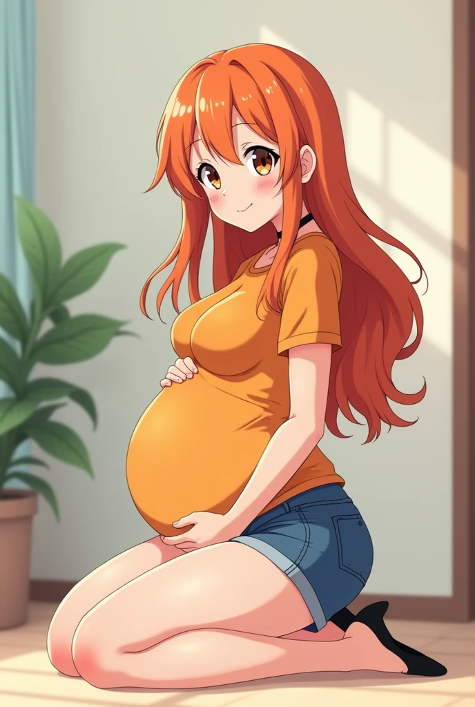 an anime girl is kneeling on knees, anime girl, cell shaded adult animation, shorts, orange hair, solo, short hair, smile, full body, 4k hd, legs visible, tall, blue shorts and an orange shirt, brown eyes, 1girl, in black Flats, 4k hd, big breasts, pregnant girl, front position