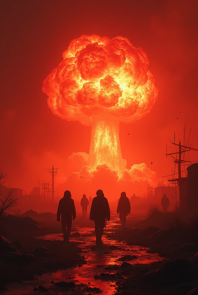 Entry into pandemonium with a terrifying and disorderly nuclear detonation on the front in red tones