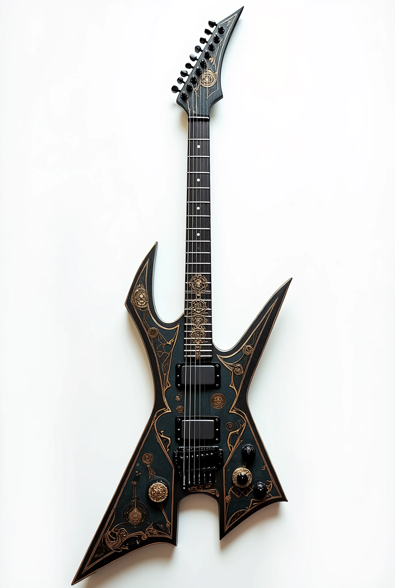 a guitar design Inspired by Lucifer, Lightbringer, electric guitar body design on a white background
