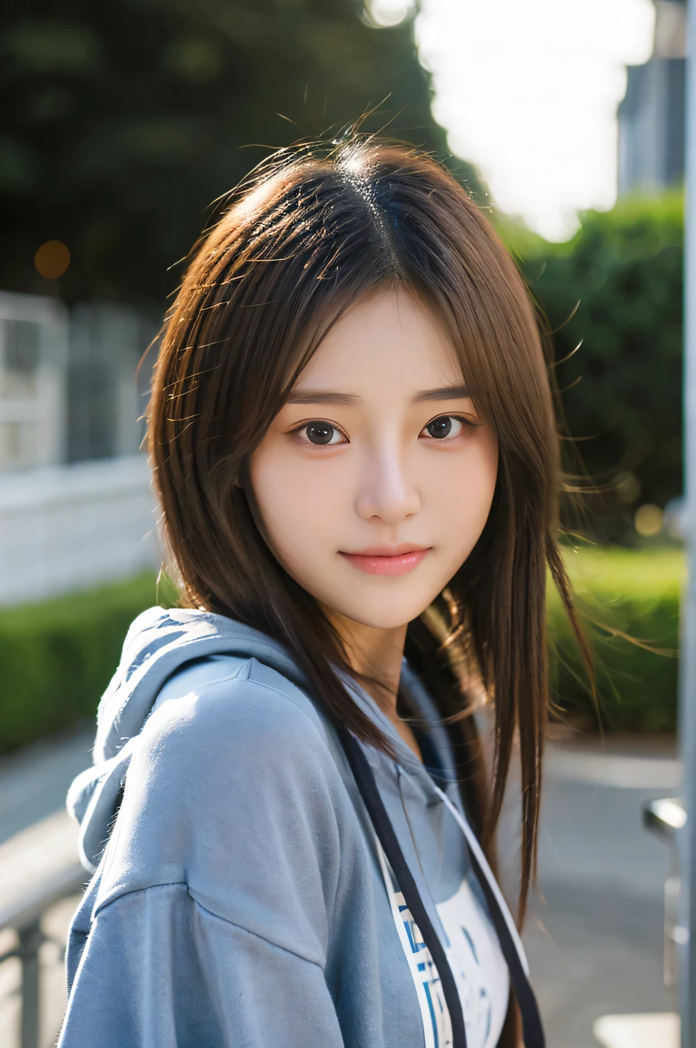 student girl korean cute face ((best quality)), ((masterpiece)), (detailed), perfect face, seductive, face and body focus, casual clothes, photorealistic, casual hood, photorealistic, photograph, shiny blouse, background her home, out door