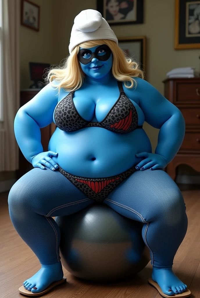 Smurfette with a too big butt, too big breasts, wearing sandals with very tight jeans and a cleavage that really highlights her butt and breasts with a bikini while sitting on a gym ball and wearing a black face mask with a fang print