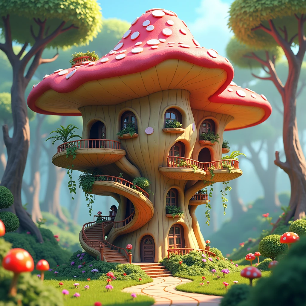 A breathtaking conceptual art piece featuring a vibrant, large, multi-room mushroom-shaped treehouse set in a mesmerizing enchanted forest. The treehouse has multiple floors and colorful, waving roofs. The playful typography reads "BIGURILHAS" in small cursive at the bottom, with the name "BIGURILHAS" written in an equally playful font above. The 3D render showcases the intricate details of the treehouse, including its windows, doors, and paths. The overall atmosphere is bright and inviting, with a touch of whimsy, making it an enchanting escape for any child at heart., 3d render, conceptual art, typography, vibrant, photo.