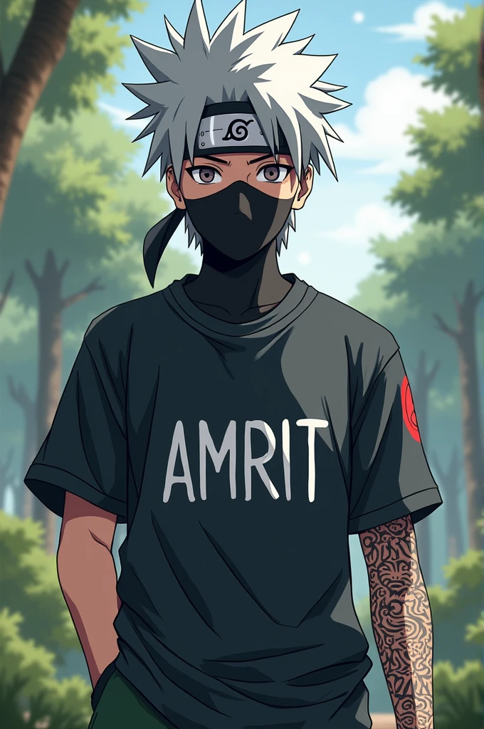 Kakashi wear a t shirt and t shirt name is Amrit and flex a sirangan
