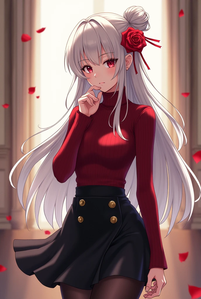 Beautiful anime woman with long white hair tied back in a loose bun and blood red eyes. Wearing a dark red turtleneck sweater tucked into a high waist short black skirt, and dark leggings with high heels. A rose and some red ribbons decorate her hair. Posing for the camera.