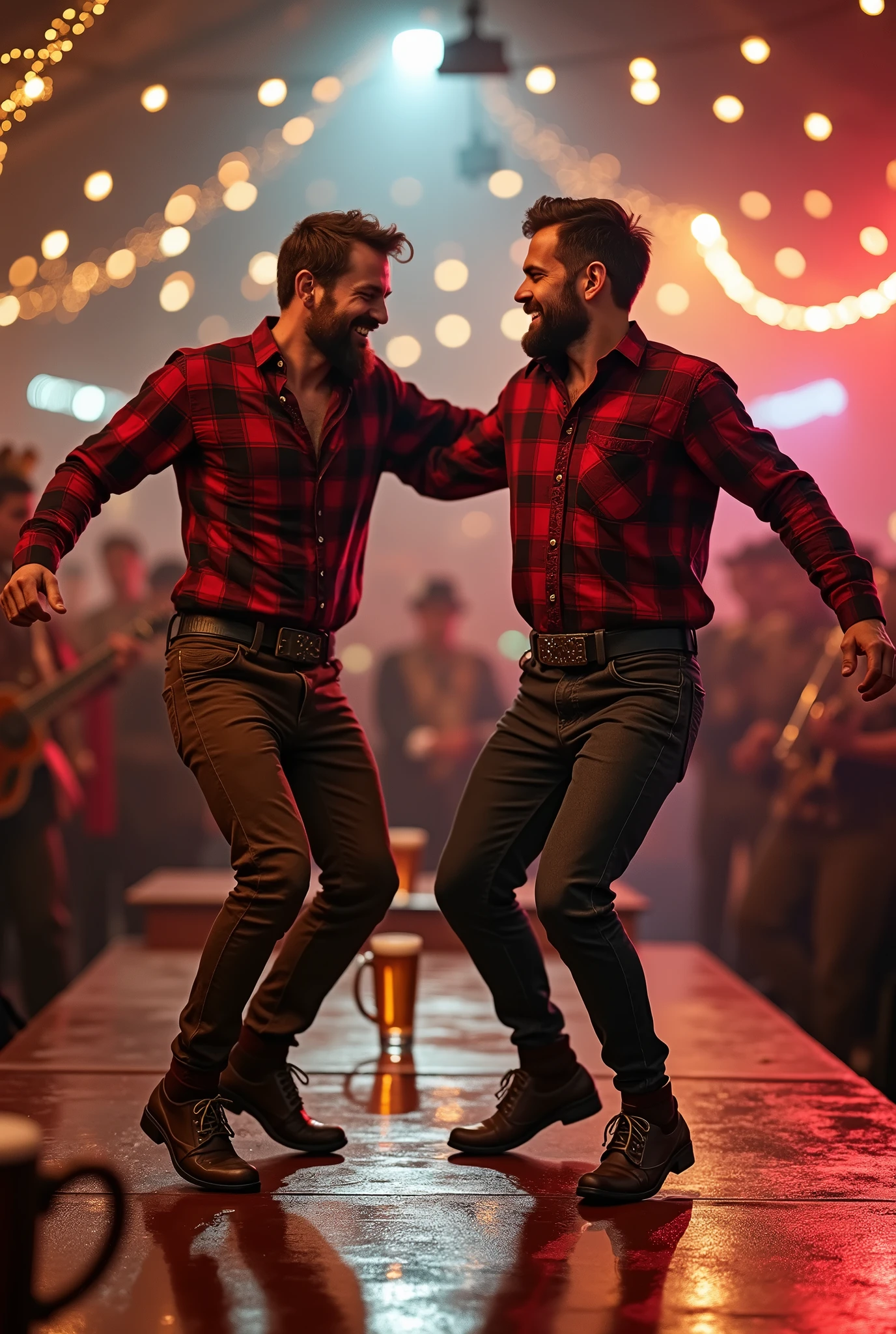 Two men dancing on a beer table, the men wear dark red checked lumberjack shirts and traditional leather trousers and Haferl shoes decorated with embroidery, it is a scene in a beer tent, In the background there is a stage on which a brass band is playing, There are large beer mugs on the table, Colorful neon tubes and colorful fairy lights illuminate with a warm and colorful light