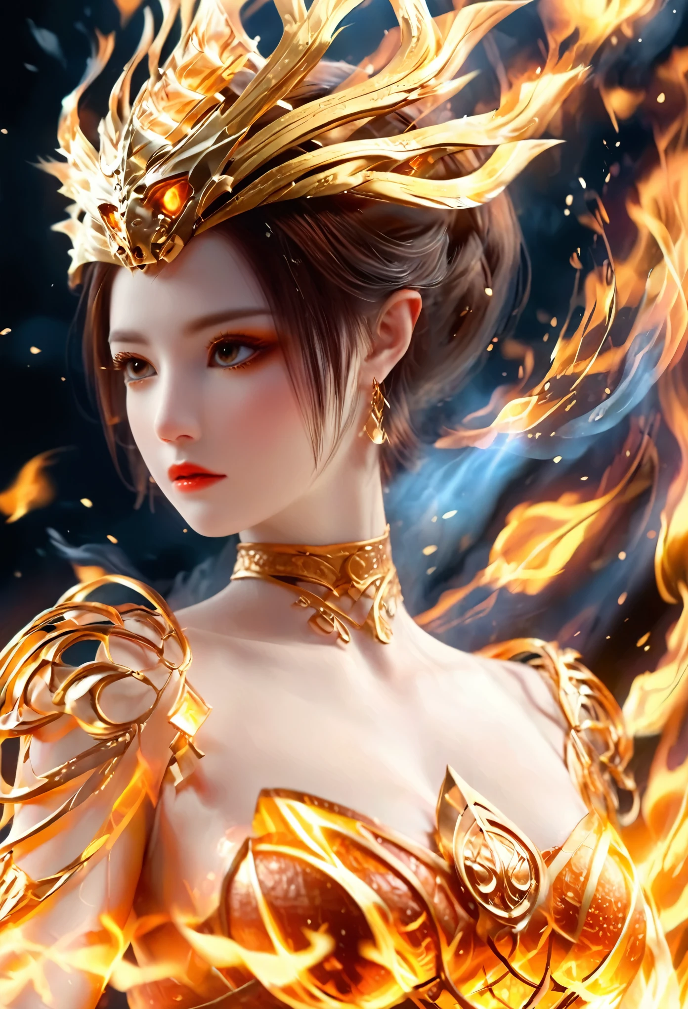 (theelementoffire:1.1),Composed of fire elements,(1 busty girl:1.2),catching fire,transparency,Fiery,(Molten rock),Flame skin,Flame print,fiery hair,smokes,cloud,LOP,,a girl wrapped in flames, Flames rise and sparkle,burning hands,Translucent glow,