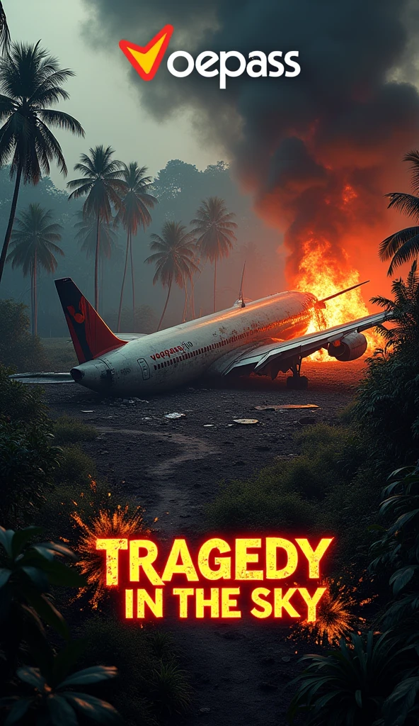 “A catastrophic jungle crash site at twilight, with flaming wreckage from the Voepass plane strewn across the ground. In the foreground, a wing fragment bearing the damaged Voepass logo is partially buried in the debris. Thick, black smoke rises from the burning fuselage, while flames cast an eerie orange glow across the shattered trees. The words ‘Voepass’ are prominently placed at the top of the image in bold, metallic letters, glowing faintly from the reflected firelight. Below, the title ‘Tragedy in the Sky’ appears in jagged, shattered text, with fiery embers and explosive effects surrounding it, amplifying the sense of disaster.”