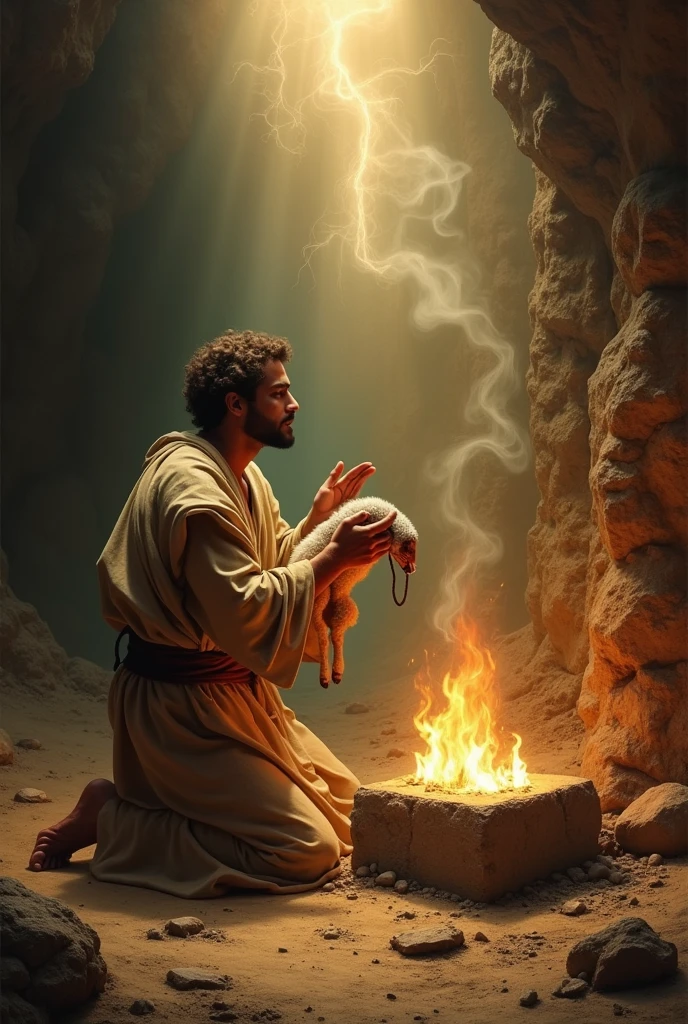 Abel offering a slaughtered lamb on the burning altar. on his knees, with hands raised up , a light from heaven illuminates