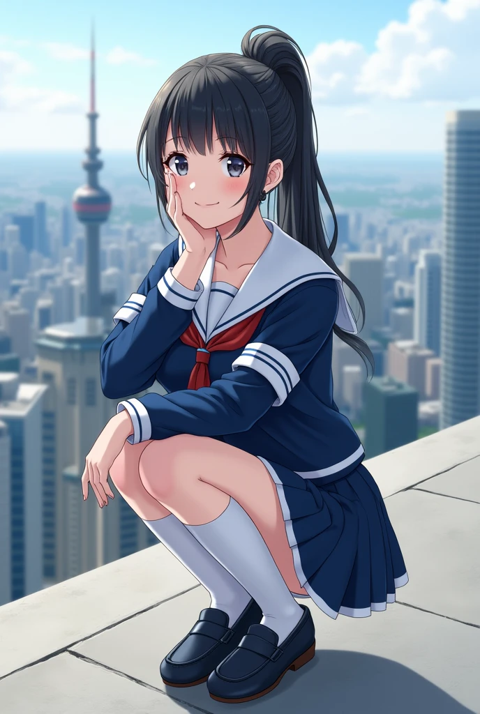 High resolution、Realistic、RAW Photos、Detailed Background、Beautiful in every detail、Highly detailed face、Teenage Beauty、Huge breasts、Perfect body line、Bobcut、ponytail、Long Hair、Shiny navy blue sailor suit、White sailor collar、Navy blue mini pleated skirt、White Stockings、loafers、cute仕草、A big smile、smile、(Panty shot)、(Underbust)、
(With landmarks in the background、Beautiful girl squatting playfully, Shooting from below:1.5)、Tokyo Sky Tree、Tokyo Tower、cute