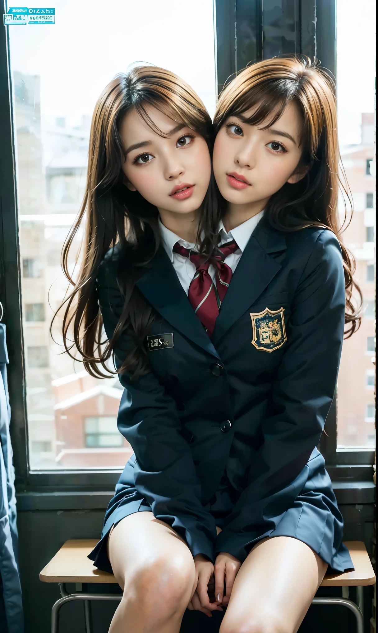 ulzzang-6500-v1.1, (Raw photo:1.2), (Photorealistic:1.4), Beautiful detailed girl, Very detailed eyes and face, Beautiful detailed eyes, Ridiculous, Incredibly ridiculous, Ultra detailed, High resolution, Very detailed, Best quality, Masterpiece, ((Japan girls' high school uniform)), In the classroom, by the window and outside the blue sky, unified, 8k wallpaper, fantastic, fine detail, masterpiece, top quality, highly detailed cg uniform 8k wallpaper,movie lighting, girl, (dynamic pose))), (camel toe), (knee bending leg sitting)), conjoined_dicephalus, (two heads:1.3)