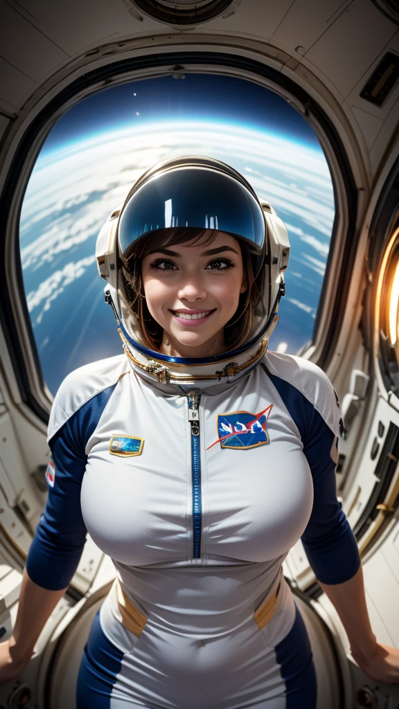 A young looking Helen Skelton, floating in zero gravity, smiling, moist skin, full figure, naked, erect nipples, wearing bulky spacesuit helmet, pierced navel, legs open, stroking her wet cameltoe, realistic NASA spacesuit and helmet, blonde hair floating, very small girlish breasts, tiny breasts, onboard space station, Earth outside, sunbeam shining in through round viewport, floating tools, floating papers, dramatic light, deep shadows