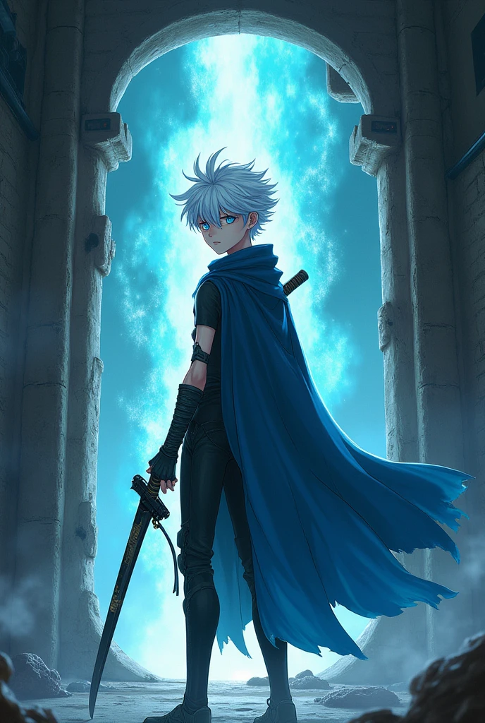 Create a boy with short white hair with cyan blue highlights elegant hairstyle, without a left arm and with scars on the right eye, an expression of environmental madness in an underground facility emerging from a portal into another apocalyptic reality, The boy wears a dark futuristic suit with a blue cape. He carries a Japanese sword surrounded by blue and purple demonic energy. ANIME CYBERPUNK STYLE 