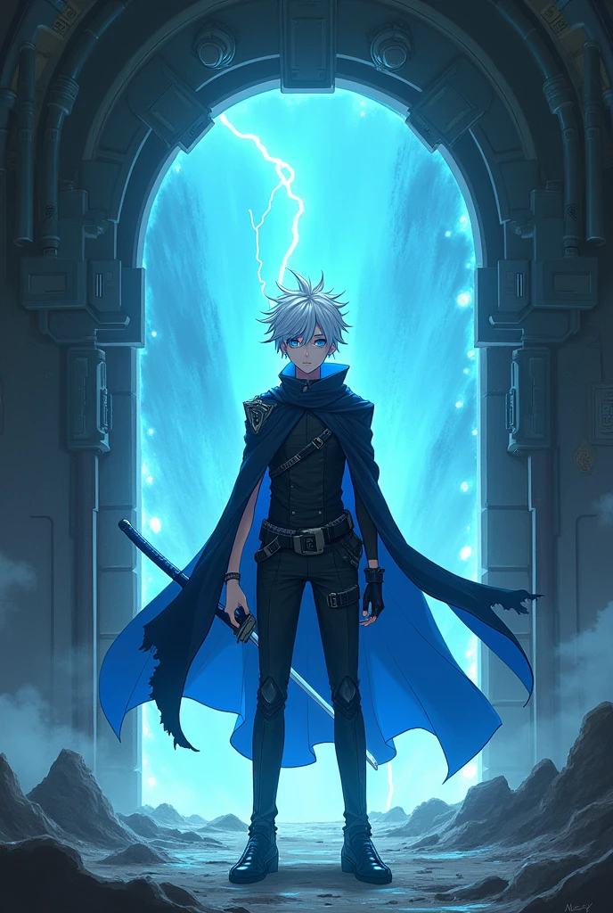 Create a boy with short white hair with cyan blue highlights elegant hairstyle, without a left arm and with scars on the right eye, an expression of environmental madness in an underground facility emerging from a portal into another apocalyptic reality, The boy wears a dark futuristic suit with a blue cape. He carries a Japanese sword surrounded by blue and purple demonic energy. ANIME CYBERPUNK STYLE