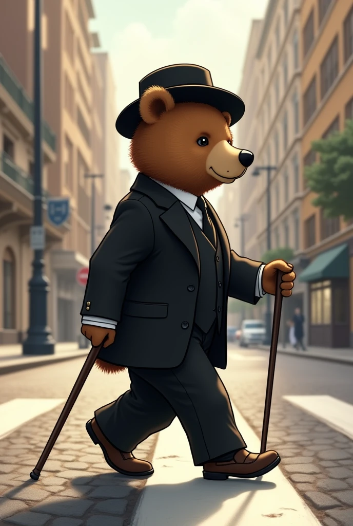 ((Highest quality)), ((masterpiece)),((High resolution)),small,Brown Bear,Holding a cane,Black gentleman's suit,Leather shoes that go well with suits,Round black hat,Crossing a pedestrian crossing