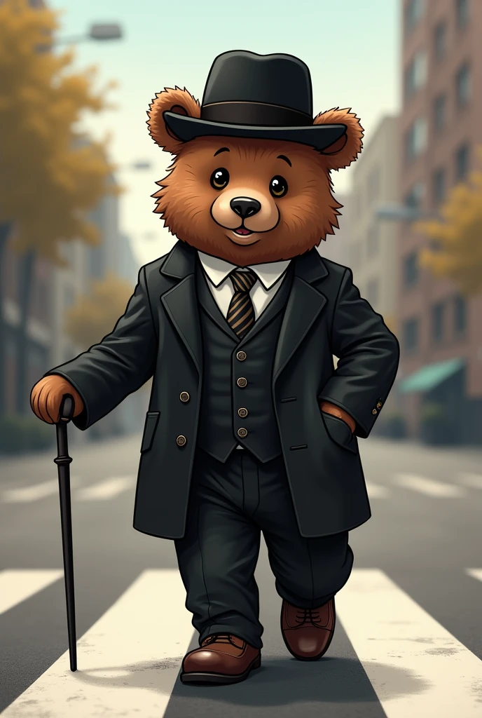 ((Highest quality)), ((masterpiece)),((High resolution)),small,Brown Bear,Holding a cane,Black gentleman&#39;s suit,Leather shoes that go well with suits,Round black hat,Crossing a pedestrian crossing