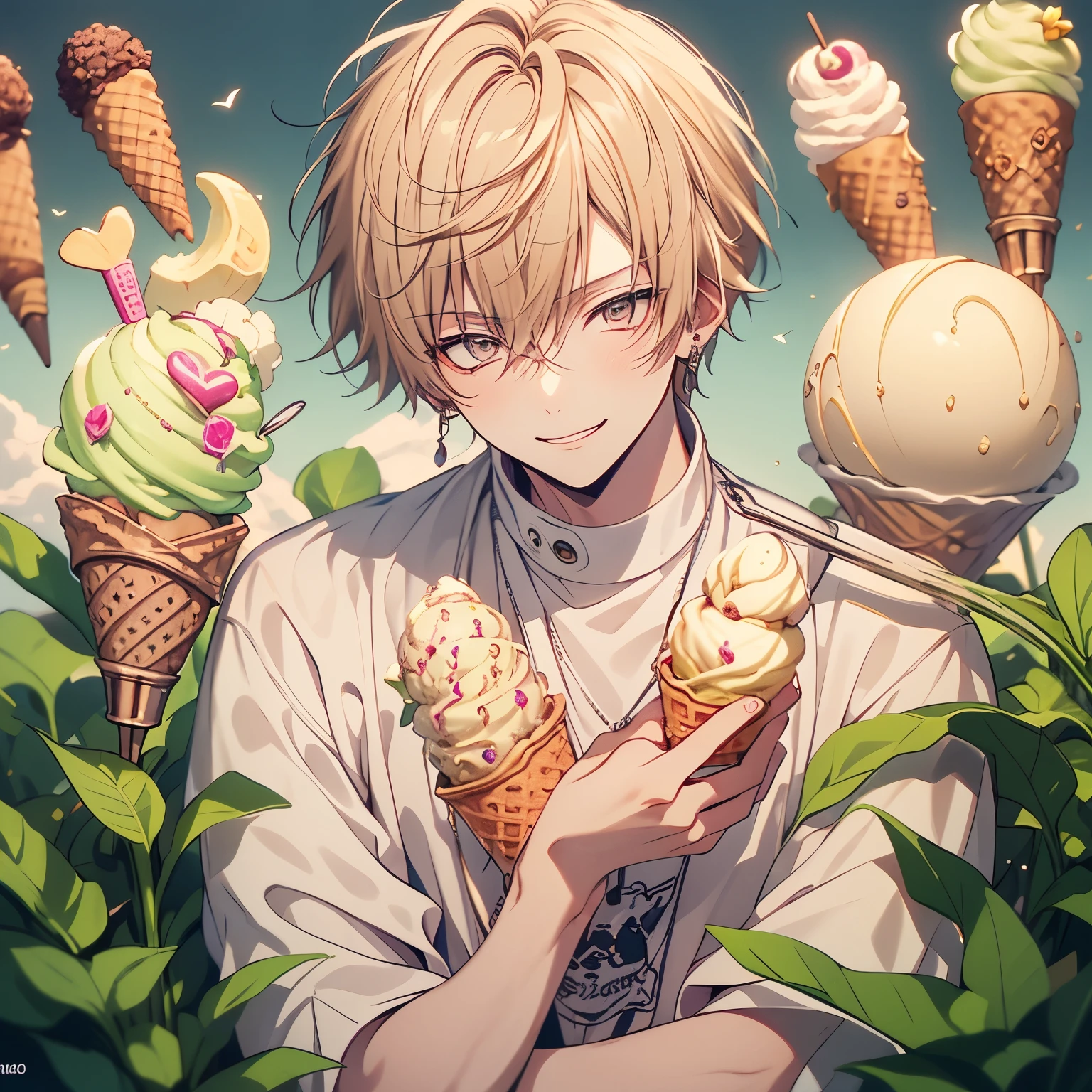 (masterpiece), Highest quality, Ultra-high resolution,male、1 person、Ivory colored hair、Short Hair、Ivory eyes、ivory colored clothes、(whole body:1.5)、(With gelato:1.3)、ice、A shy smile、garden