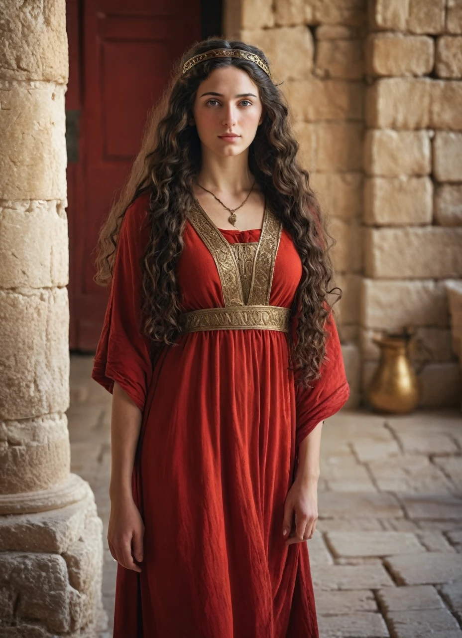 Jewish woman , very beautiful, long dark wavy hair, goddess body, dressed in the 1st century in Jerusalem, with a red high-class tunic, rich people house background 1st century, 8K photo quality, Realistic details, ultra definition.