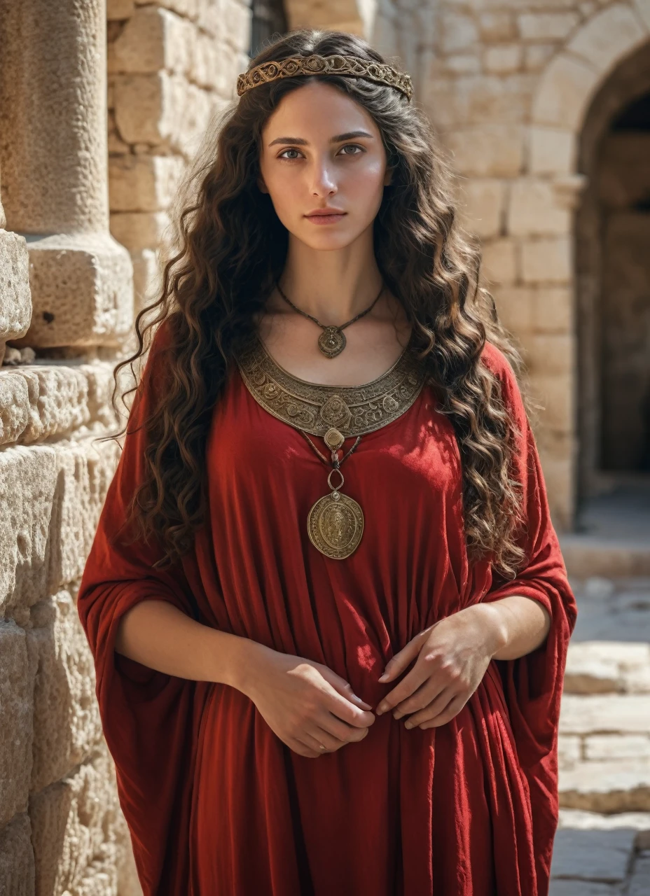 Jewish woman , very beautiful, long dark wavy hair, goddess body, dressed in the 1st century in Jerusalem, with a red high-class tunic, rich people house background 1st century, 8K photo quality, Realistic details, ultra definition. 