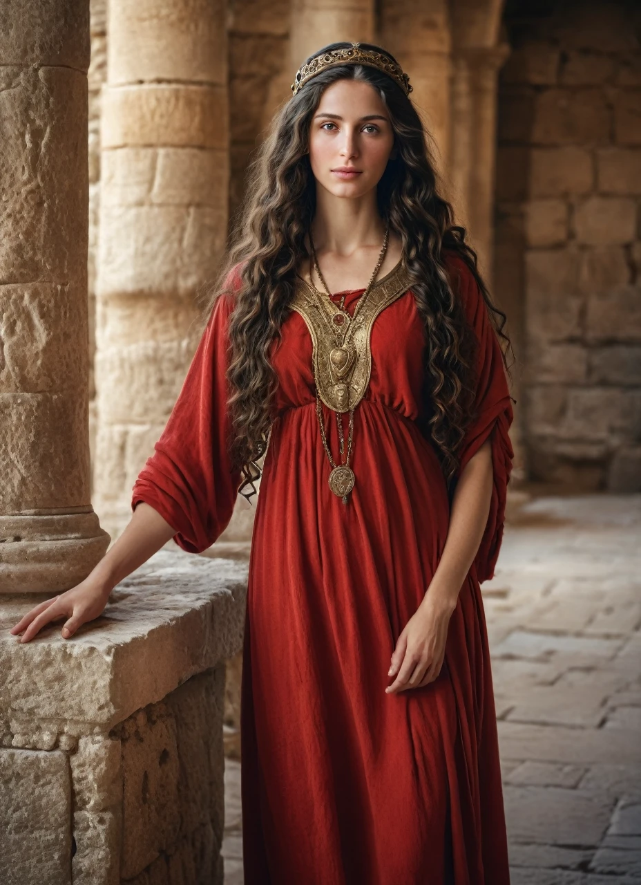 Jewish woman , very beautiful, long dark wavy hair, goddess body, dressed in the 1st century in Jerusalem, with a red high-class tunic, rich people house background 1st century, 8K photo quality, Realistic details, ultra definition.