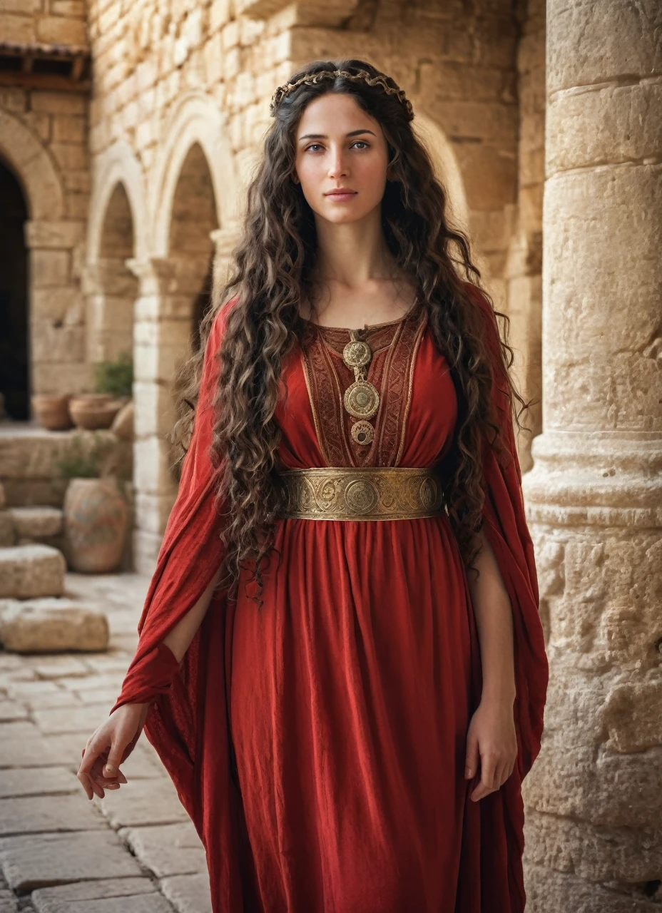 Jewish woman , very beautiful, long dark wavy hair, goddess body, dressed in the 1st century in Jerusalem, with a red high-class tunic, rich people house background 1st century, 8K photo quality, Realistic details, ultra definition. 