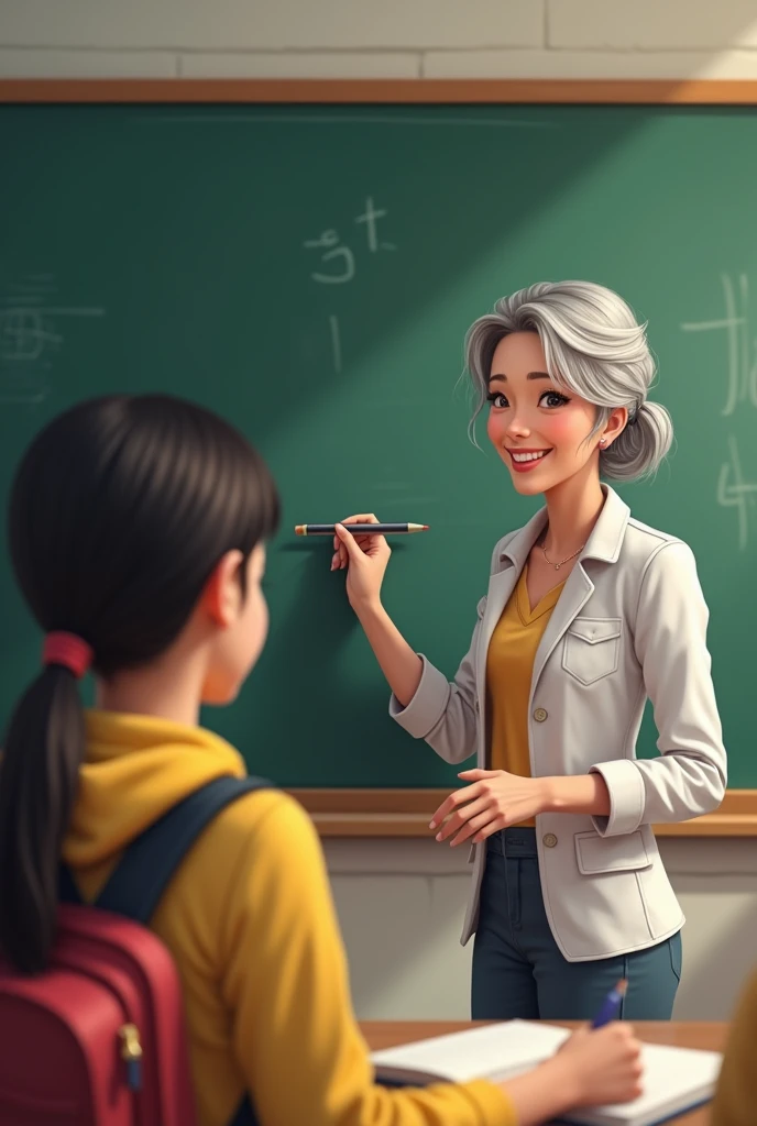 Junior high school students studying. One-on-one instruction between teacher and student. No background. The teacher is writing something on the blackboard.、The teacher is smiling, facing the students, and the blackboard is behind the teacher. The students are also facing the blackboard, and the teacher looks more mature and brighter overall.