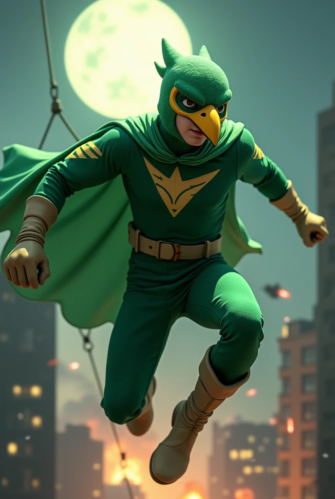 Solo Malaysia Indonesia man. Mature. Short man physical. Tiongman 20 year old., a boy . Teenage short body. ((wear helmet like bird green. Yellow torn bird..bird's beak yellow on the nose helmet))((wear jumpsuit.)) ((Domino green bird mask. ))Green shirts. Show nose and mouth .wear Green cargo short pant . ((Wear green long pants.thin guys. ))Skinny body type.mini triangle logo on chest.Wear green singlet. Wear safety. Green cape. Superhero concept nightshoot. On the city bombs effect background.night scene. Big moon background. , hanging rope. Jump with styles.. open cape. Green cape. Wear beige glove. Wear beige boots..walking style. ((Wear bullet proof jacket)). Athletic body type. Jump on the high place.marvel hero. Hand holding belt. Jum effect Photography. Fast effect photography. Wall on the top of building