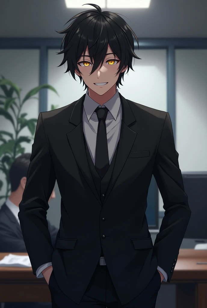 1 adult male, assassin, Wearing a suit, Pleasant personality, black hair, Yellow eyes, laughing, highest quality, black tie, In the office, Anime art style, Dark impression
