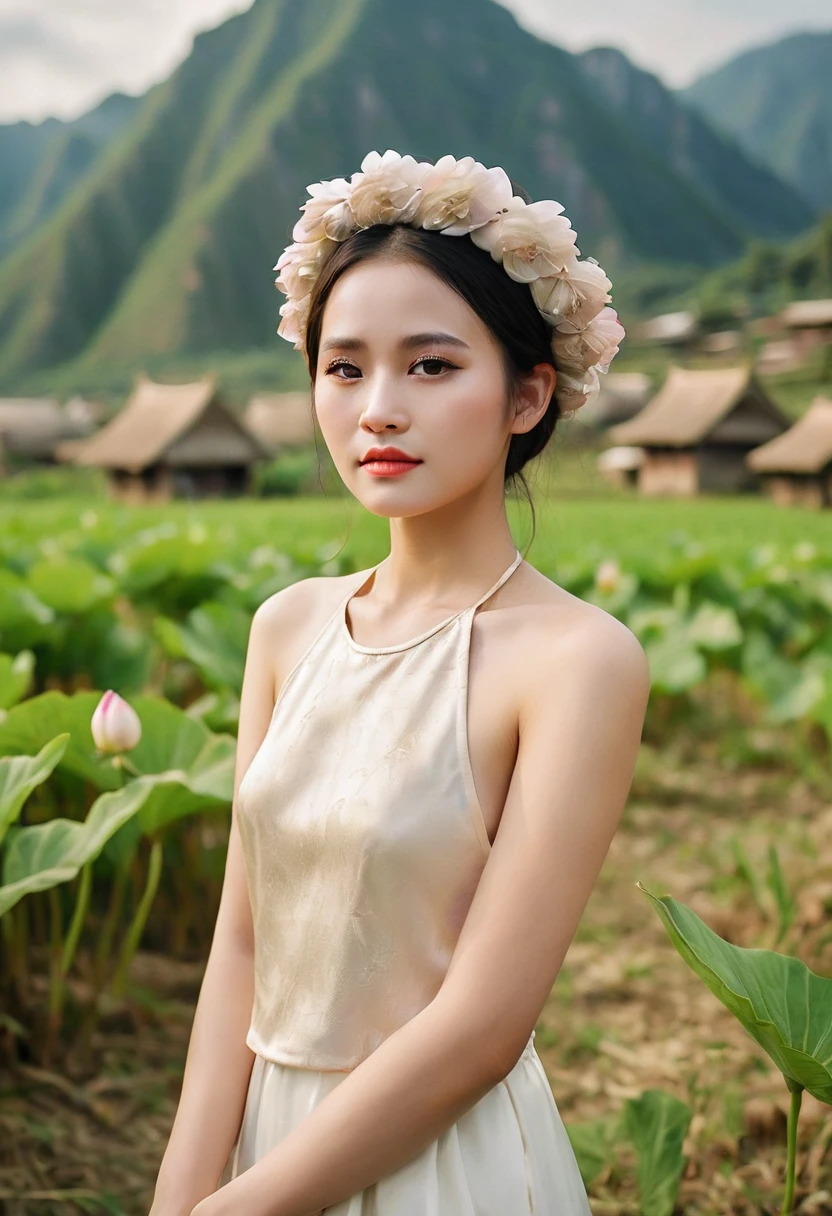 wide angle camera shot full body, fashion fairytale shot, high camera angle of beautiful Vietnamese girl inVietnamese girl wear aoyem,
mung headband, gorgeous, sophisticated design, bold fashion, impressive figure, next to the village with mountain, majestic mountains, terraced fields, realistic details, extremely detailed, 8K, super realistic, dynamic pose, cinematic lighting, low vivid, cinematic color tone, super detailed skin, wind blown, falling petals, golden sunshine morning attracted lighting
