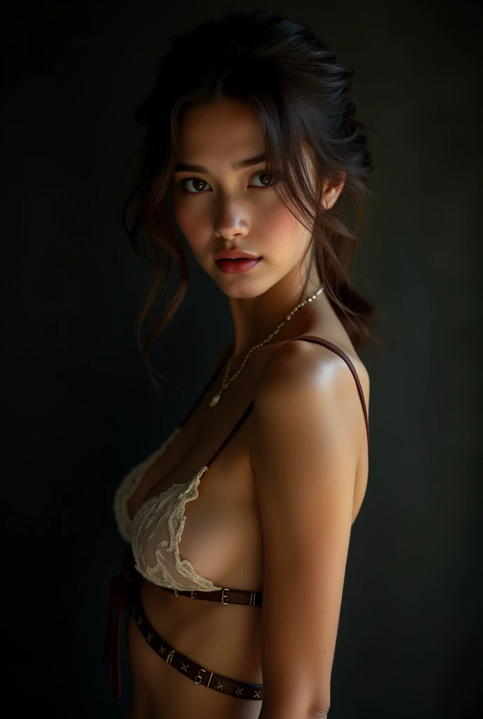 Best Quality, masterpiece, High resolution, 1 girl, totally naked, Hair Accessories, collar, jewelry, beautiful face, in the body, Tyndall effect, realist, Dark studio, Edge lighting, Two tone lighting, (high detailed leather: 1.2), 8k UHD, DSLR, luz outfit, high quality, volumetric light, Sincere, Photo, High resolution, 4k, 8k, background blur,