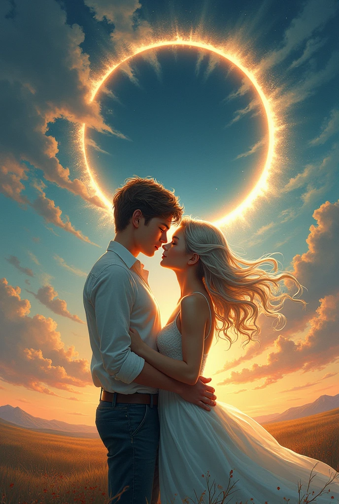drawning, fancy, Young couple, she with silver hair, he has brown hair, eclipse solar