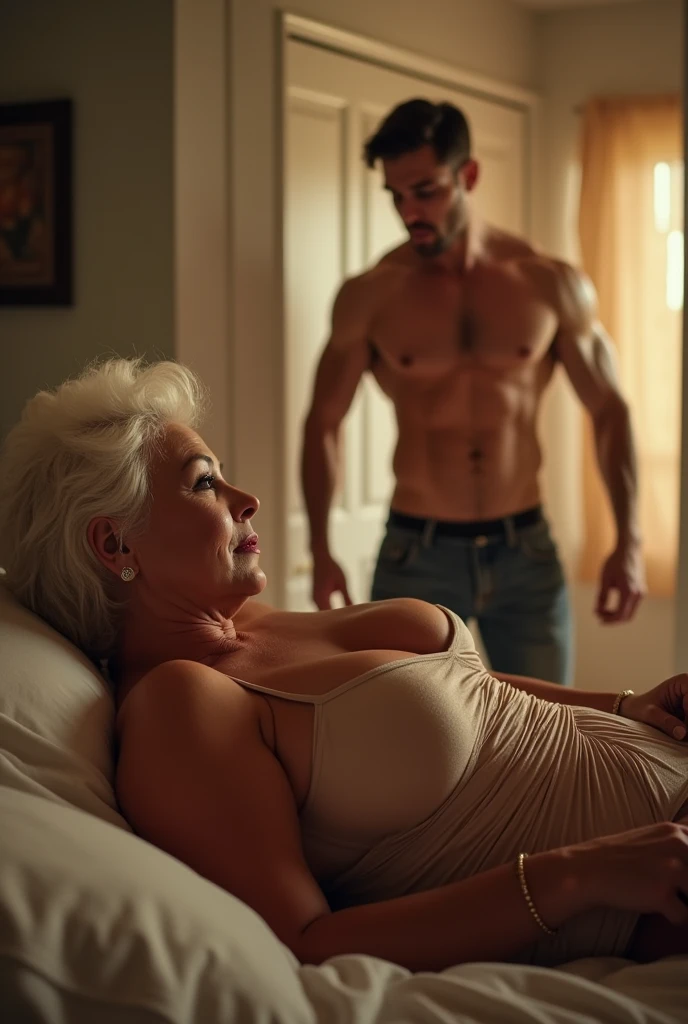 Erotic huge breast 60 years old woman on bed showing cleavage seducing handsome shirtless man standing at door, seduction , intimacy , full body , wide screen shot , bright photo