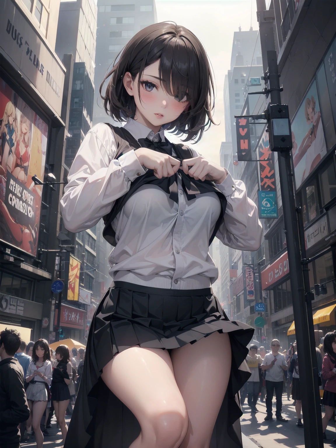 Highly detailed CG Unity 8k wallpaper, best quality, highly detailed, masterpiece, Highly detailed cute girl, 1, (((lifting skirt by herself))), (lifting by herself), dynamic angles, sexy pose, blush, lips apart, looking at the audience , half body shot, (crowd), (crowded big city)), hair over one eye, immaculate beauty, upscale, less revealing clothing