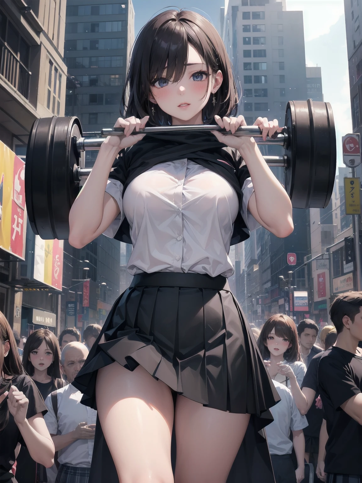 Highly detailed CG Unity 8k wallpaper, best quality, highly detailed, masterpiece, Highly detailed cute girl, 1, (((lifting skirt by herself))), (lifting by herself), dynamic angles, sexy pose, blush, lips apart, looking at the audience , half body shot, (crowd), (crowded big city)), hair over one eye, immaculate beauty, upscale, less revealing clothing