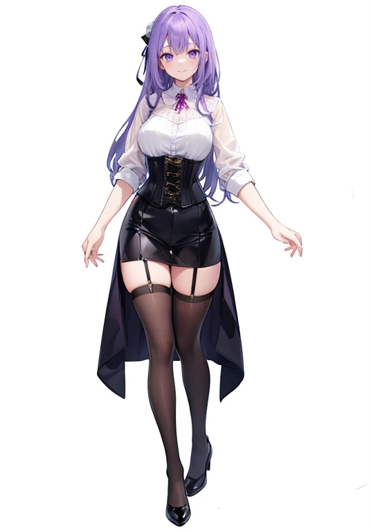 purple,long hair,woman,(corset),Shirt with rolled up sleeves,((Roll up your sleeves)),,simple White background,smile,whole body,full body,full body,Standing picture,vtuber,upright,,Standing upright with face and body facing forward,