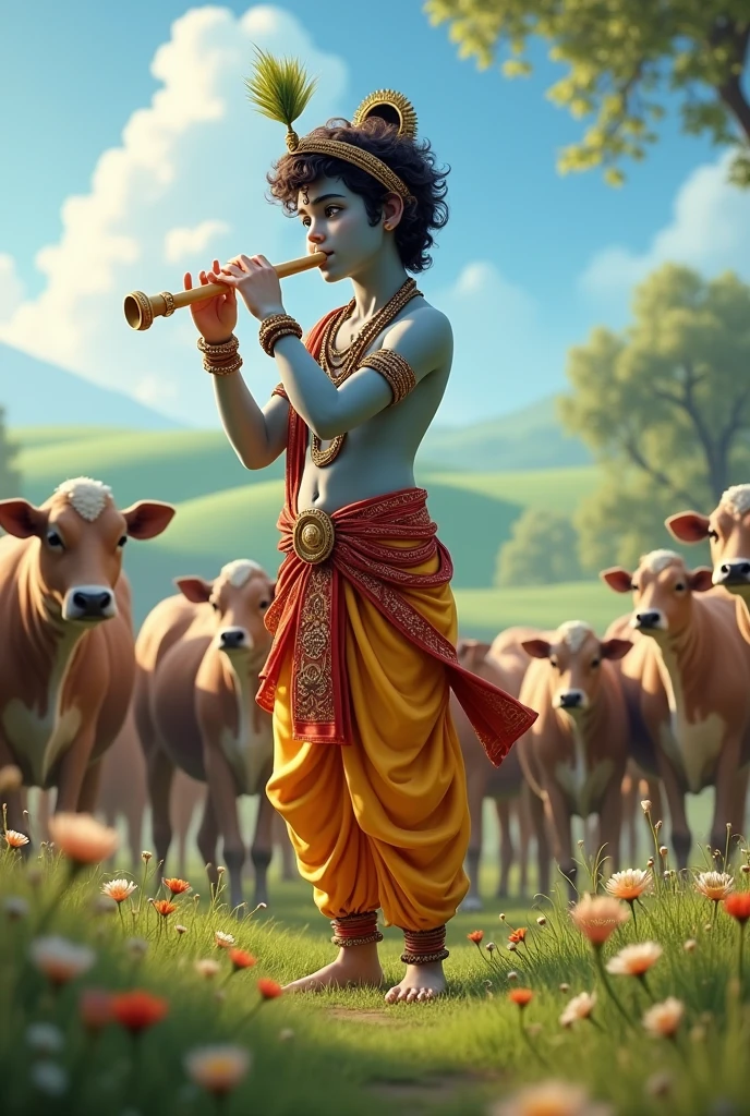 A little boy Krishna playing flute in the jungle on the bank of river Yamuna with the friends and grazing there cows