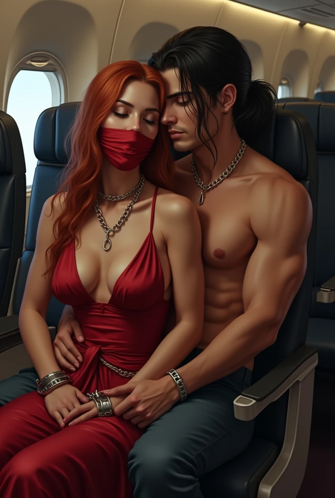 Une jeune femme de 25 ans, italienne aux cheveux mi-longs rouges et lisses, est assise dans un siège d'avion. On peut voir que Ses poignets sont entravés par des menottes, et dans un maillon des menottes il y a une chaîne Une qui va jusqu'au pied du siege. Une écharpe en soie rouge lui couvre juste la bouche , ajoutant une touche inquiétante à la scène. Dans son regard on peut voir la soumission qu elle a envers l homme a 21 ans il est italien et assis a côté d elle . Il a les cheveux noir longs et en queue de cheval avec une chemise noir en soie musclée et un pantalon noir . Sur son visage on pouvait la douceur et la satisfaction.