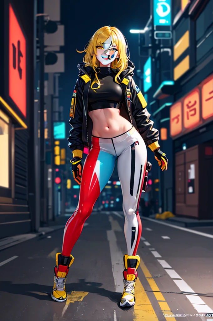high quality, subsurface scattering, chromatic lighting,
colorized, yellow + black limited color palette, 
detailed concept drawing,
Street girl, cyberpunk, futuristic, full body, no weird things or color on her face,
portrait, 20yo 1girl, medium soft breasts, slender, crop top, jacket, combat pants, long yellow hair, yellow eyes, posing, smiling