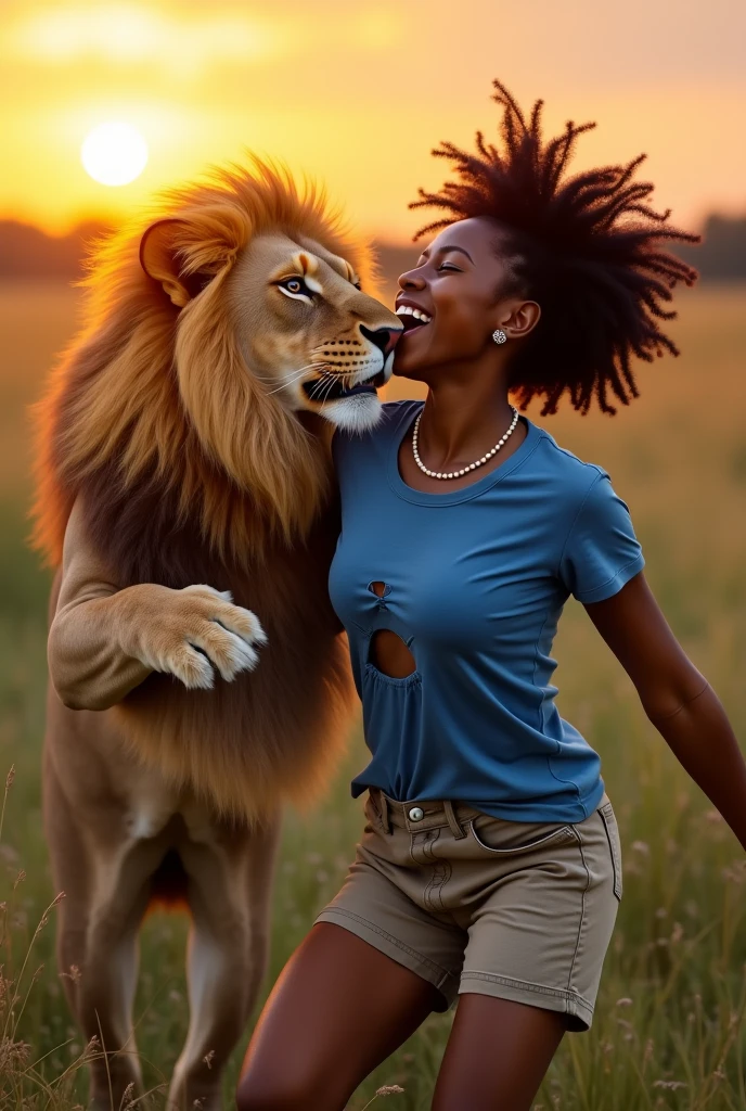 Une image photoréaliste dynamique capturant un moment ludique. Représentez une jeune femme noire Africaine aux cheveux noirs courts et bouclés, riant alors qu'elle lutte de manière ludique avec un lionceau joueur. Elle est vêtue d'un short kaki confortable et d'un t-shirt bleu ample complètement déchiré. Ses yeux pétillent de joie. Le lionceau mordille de manière ludique son t-shirt déchiré alors qu'elle essaie de le retenir doucement. Les deux personnages sont positionnés au milieu d'un champ de hautes herbes dorées, avec un coucher de soleil spectaculaire projetant une lueur chaleureuse sur la scène. La femme porte un bracelet en perles. Le soleil est positionné juste derrière elle, créant un effet de contre-jour. 
