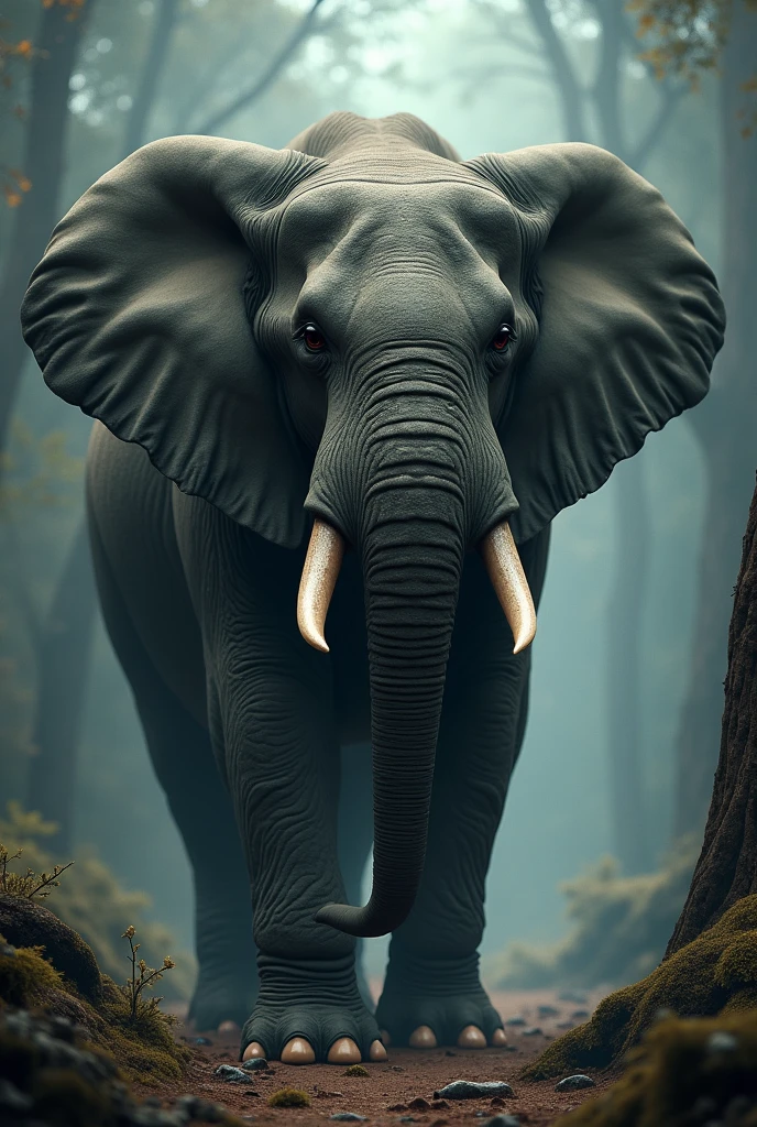 A majestic elephant-tiger hybrid, striking and powerful, (best quality,4k,8k,highres,masterpiece:1.2),ultra-detailed,(realistic,photorealistic,photo-realistic:1.37),hyper-detailed, intricate anatomy, (surreal,dreamlike,fantasy:1.2), dramatic lighting, cinematic composition, moody color palette, dramatic chiaroscuro, oil painting style, highly detailed texture, (epic,grand,imposing:1.1), powerful presence, captivating gaze