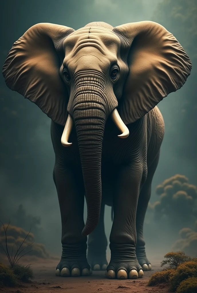 A majestic elephant-tiger hybrid, striking and powerful, (best quality,4k,8k,highres,masterpiece:1.2),ultra-detailed,(realistic,photorealistic,photo-realistic:1.37),hyper-detailed, intricate anatomy, (surreal,dreamlike,fantasy:1.2), dramatic lighting, cinematic composition, moody color palette, dramatic chiaroscuro, oil painting style, highly detailed texture, (epic,grand,imposing:1.1), powerful presence, captivating gaze