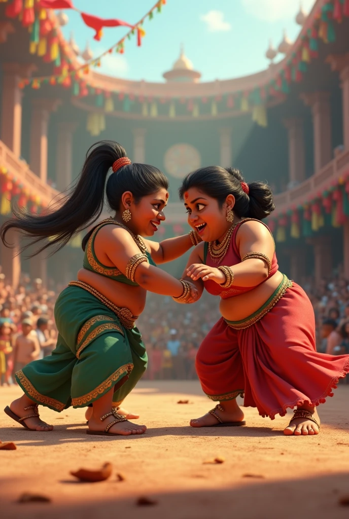 Ai cinematic 3D cartoon character styles Wrestling match between two indian aunty between 30 to 3. Veera aunty boxing match