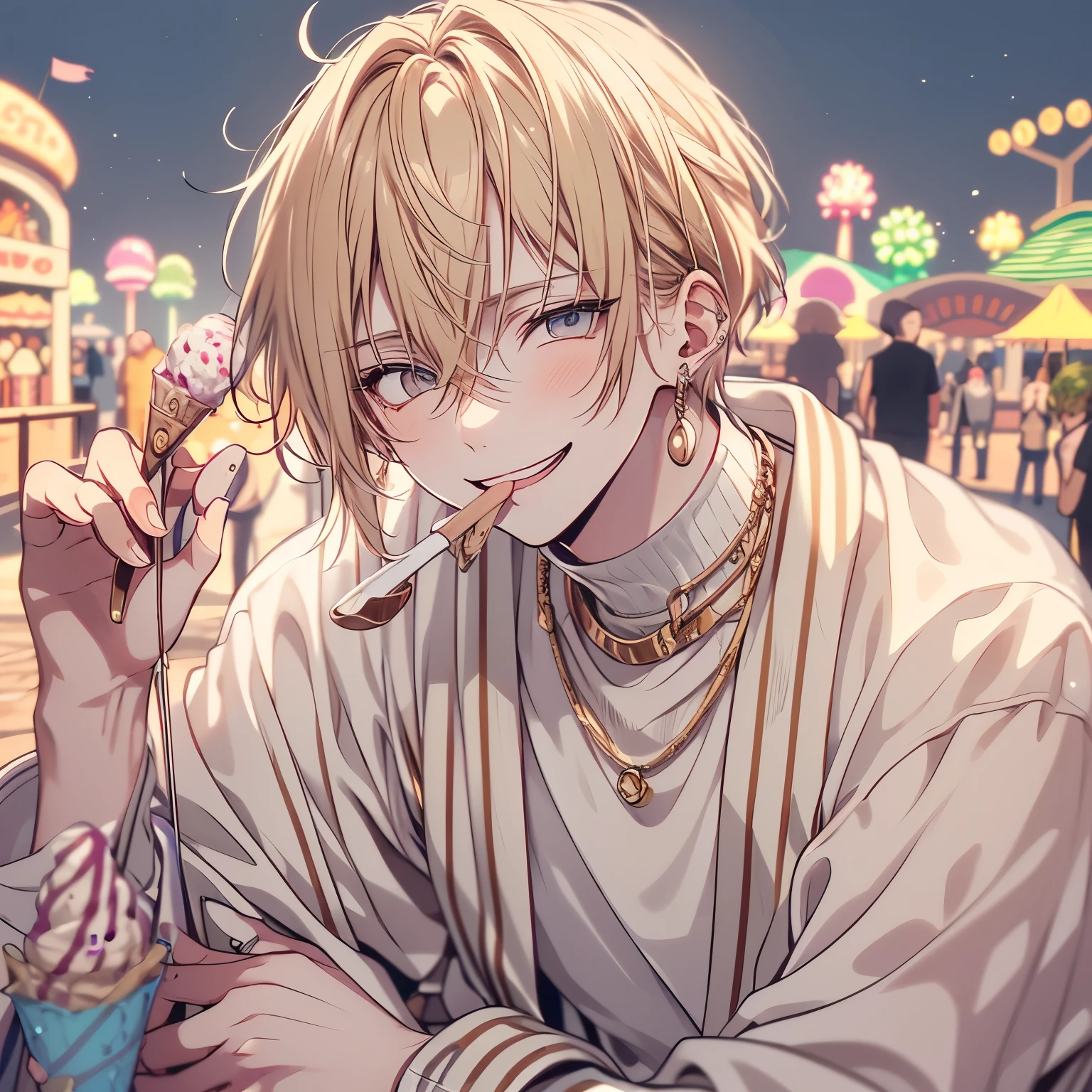 (masterpiece), Highest quality, Ultra-high resolution,male、1 person、Ivory colored hair、Short Hair、Ivory eyes、ivory colored clothes、(whole body:1.5)、(With gelato:1.3)、ice、A shy smile、(amusement park:1.3)