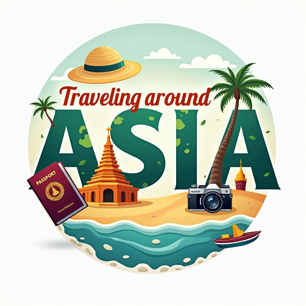 making the name 'Travelling around Asia' the focal point, The design should incorporate tropical beaches, a passport, pagodas, hindu temples and a camera.