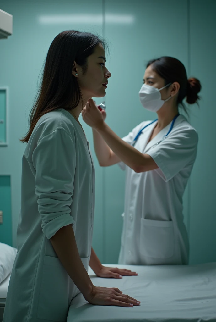A woman is standing with her hands on the table. , Behind her was the nurse inserting medicine into her anus.
